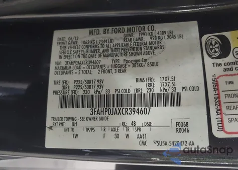 2012 Ford Fusion Sel from USA, damaged, VIN 3FAHP0JAXCR394607